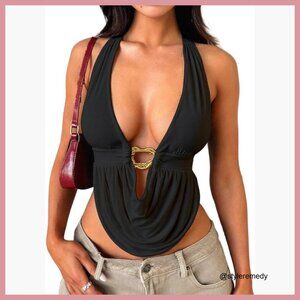 Polyester Halter Top V Neck Tie Back Backless Sleeveless Crop Top